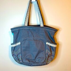 Thirty-One Gray Tote with Lace and Chevron Accents